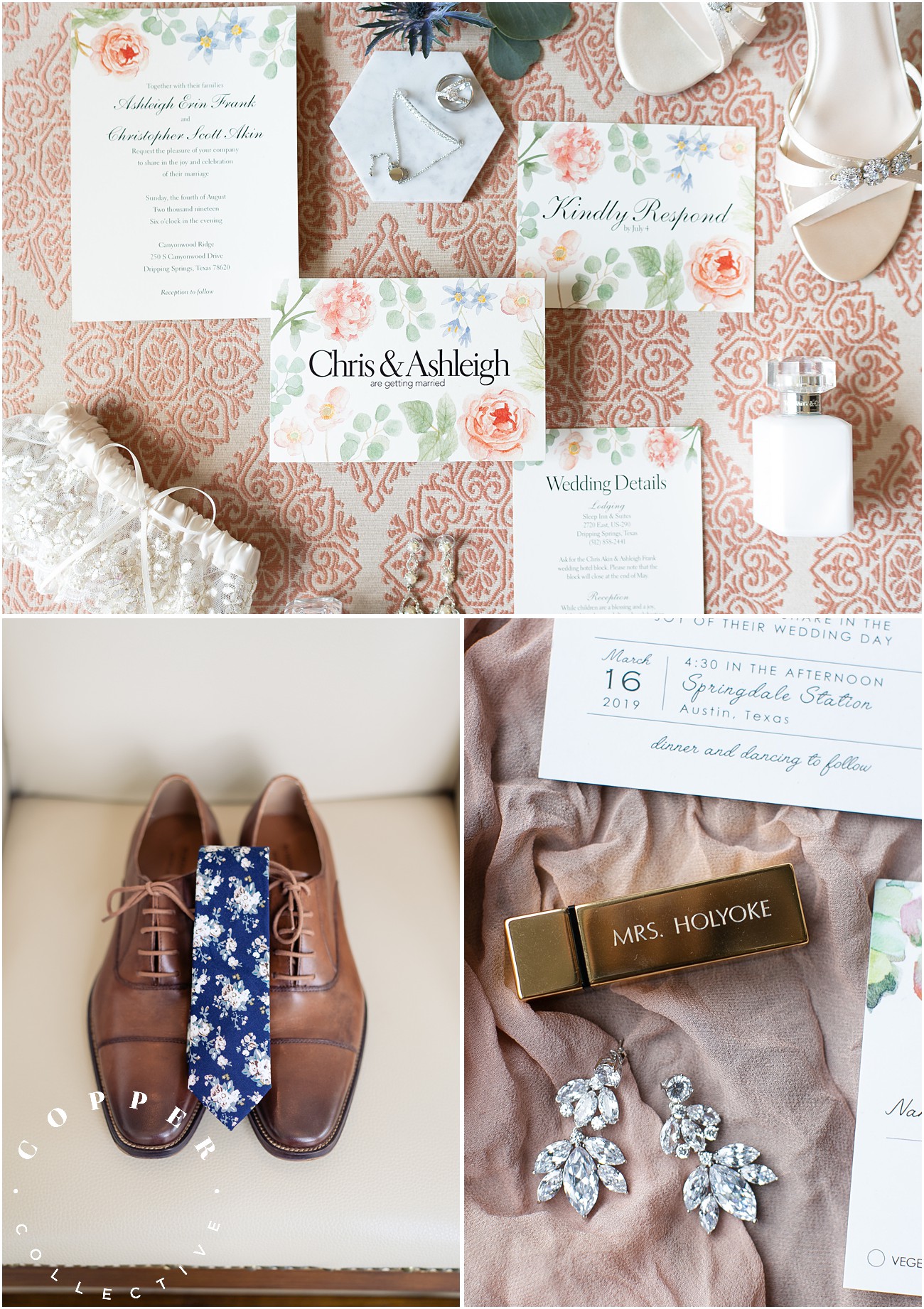 wedding day details invitations with florals and jewelry