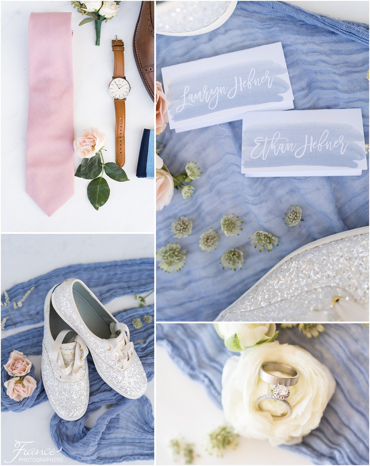 Slate blue and blush wedding details