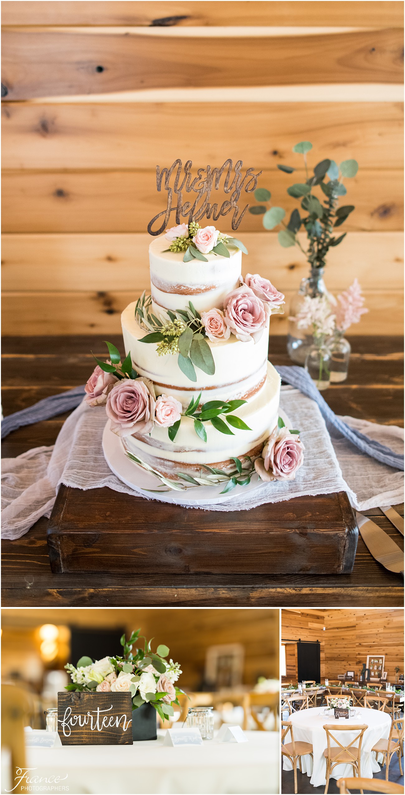 Rustic wedding cake with florals