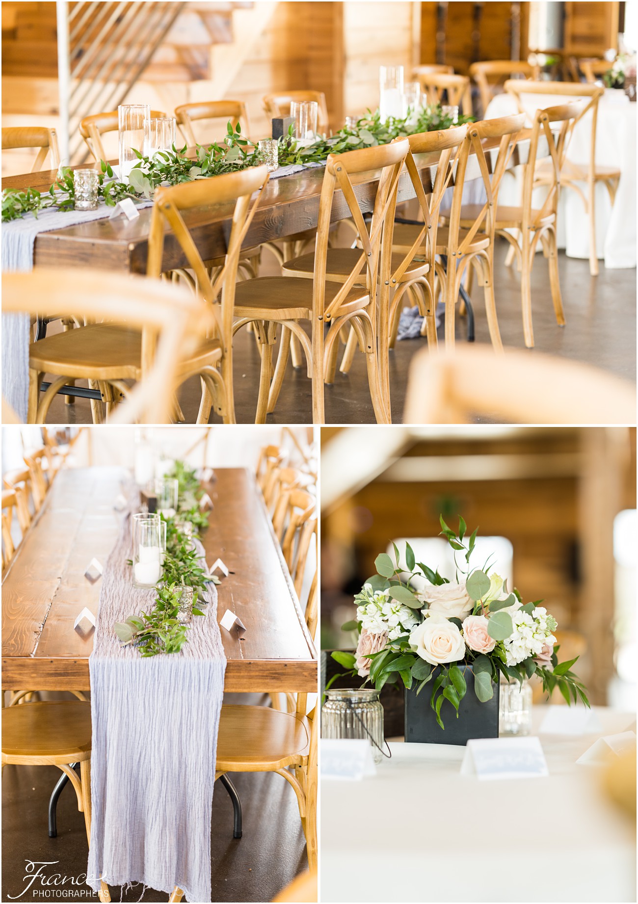 Rustic wedding reception decor with florals
