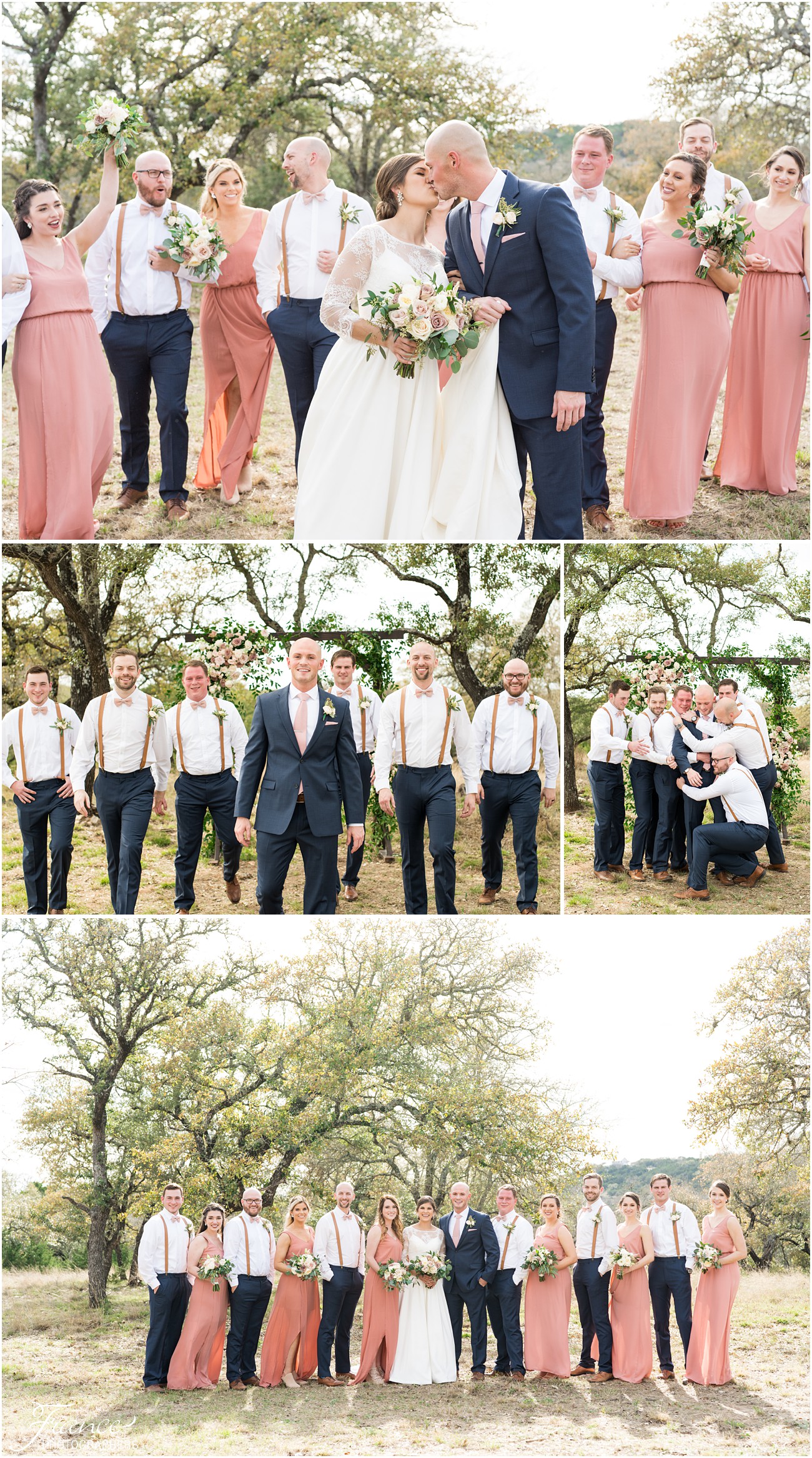 navy blue groomsmen suits and blush bridesmaid dresses