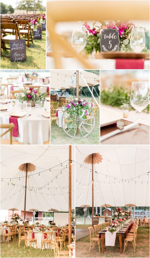 Burgundy and pink wedding decor in a tent