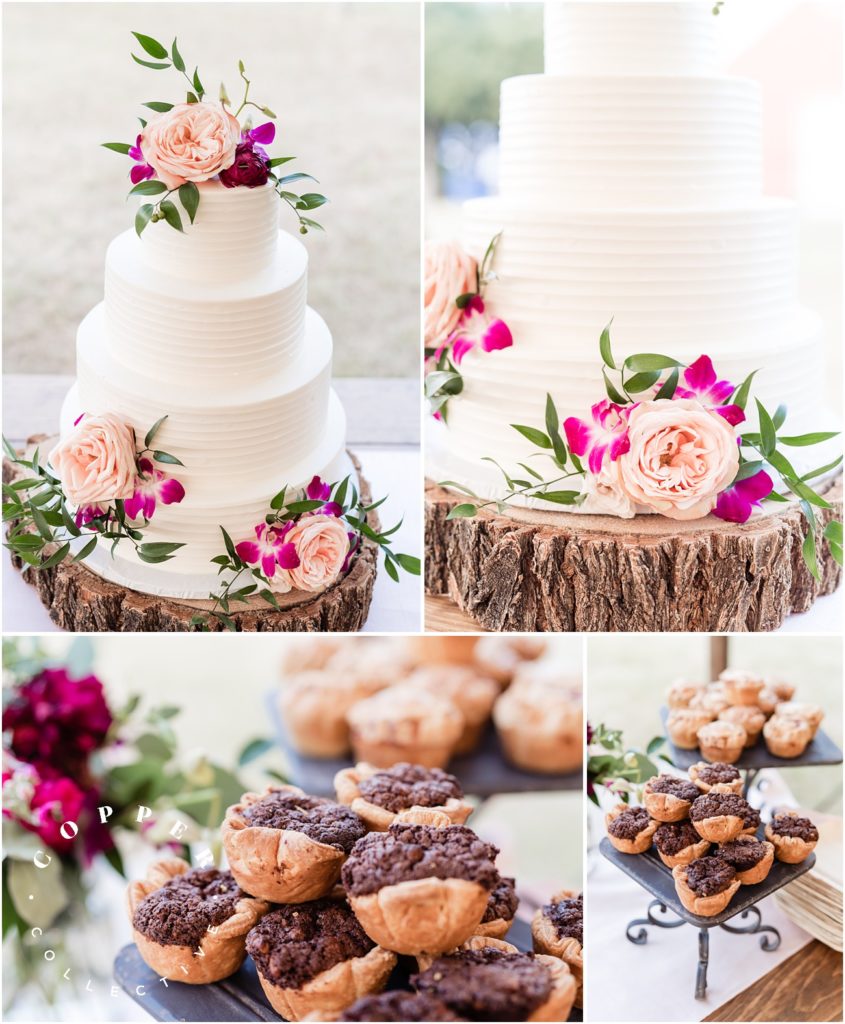 White wedding cake and tiny pies wedding dessert