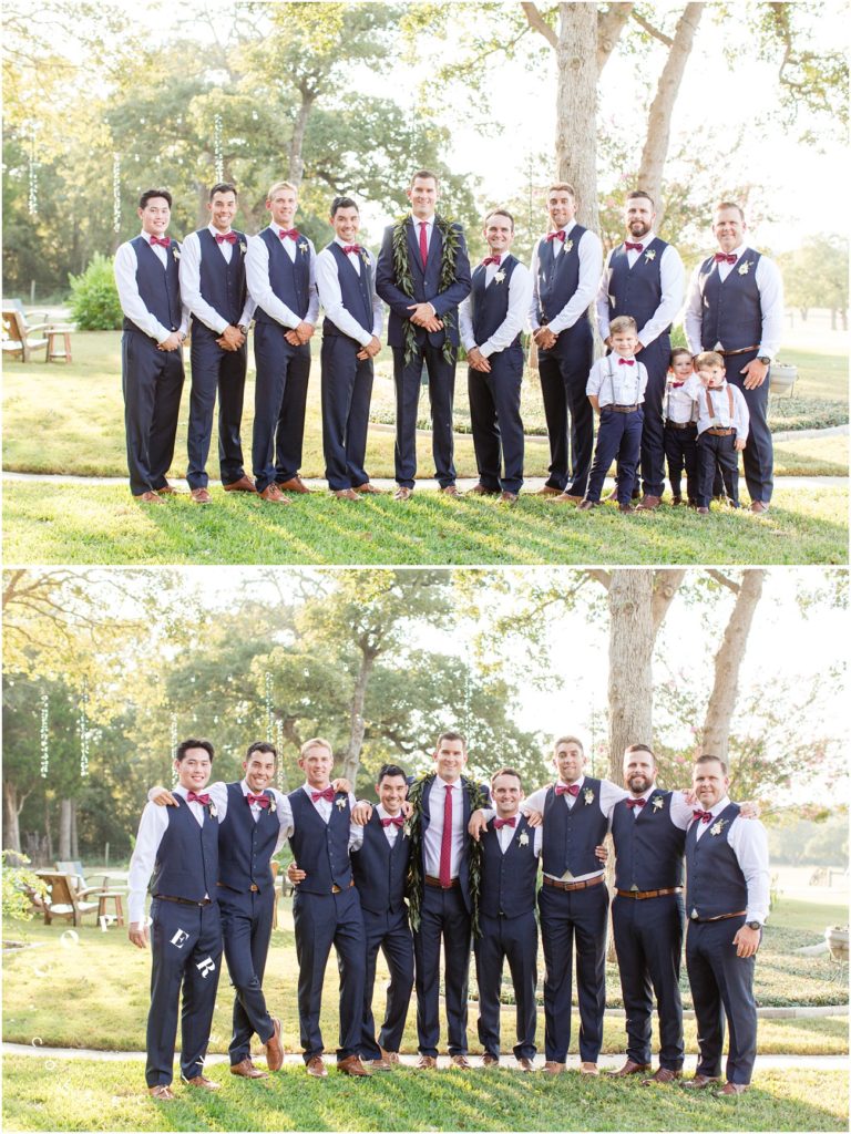 Navy blue groomsmen wedding day suits 