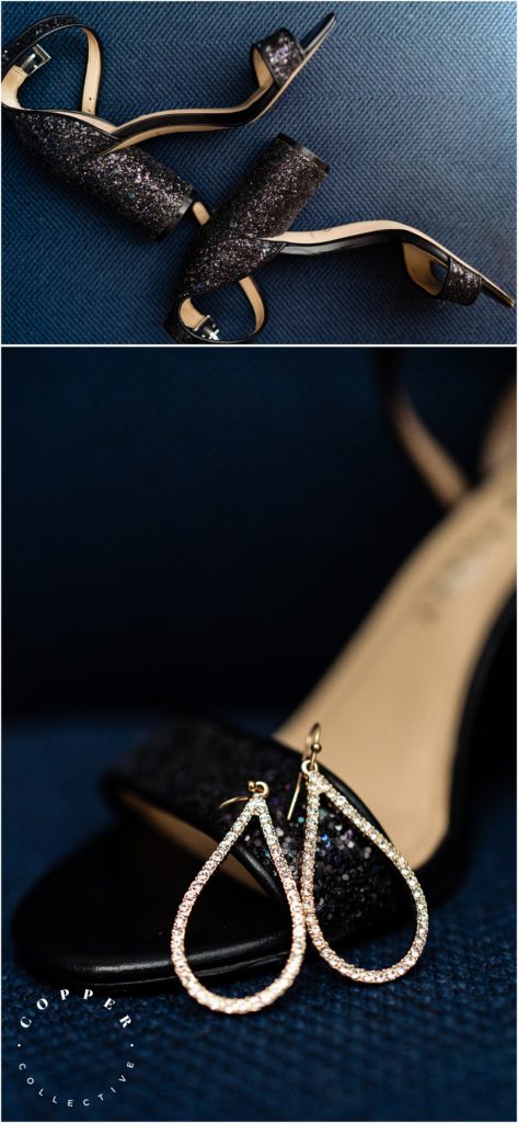Black wedding heels and gold jewelry for the bride